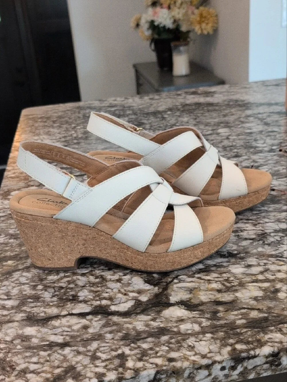 Clarks White Leather Cork Wedge Sandals - Perfect For Summer!